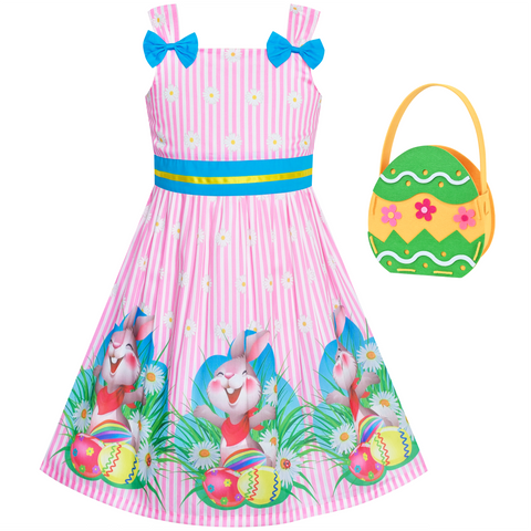 Girls Dress 2 Piece Bag Pink Easter Bunny Egg Hunt Tank Strap Bow Tie Size 2-8 Years