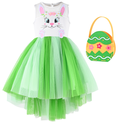 Girls Dress Green Easter Rabbit High Low Dress Egg Hunting Bag Size 4-8 Years