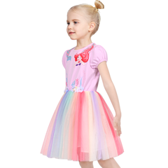 Girls Dress Pink Rainbow Mermaid Princess Puff Sleeve Tulle Casual Size 4-8 Years