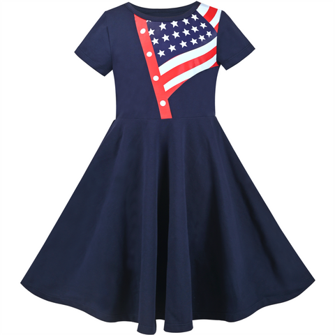 Girls Dress Blue 4th Of July Independence Day American Flag Short Sleeve Size 5-10 Years
