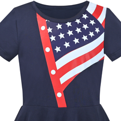 Girls Dress Blue 4th Of July Independence Day American Flag Short Sleeve Size 5-10 Years